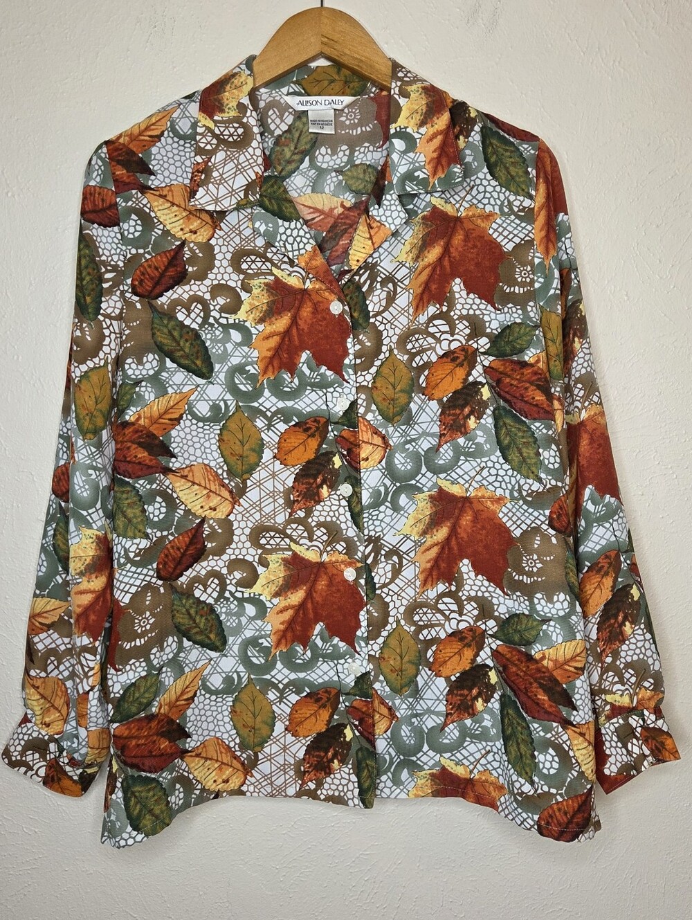 Vintage Allison Daley Autumn Leaf Print Blouse Size 12 Button  Down Fall Foliage
